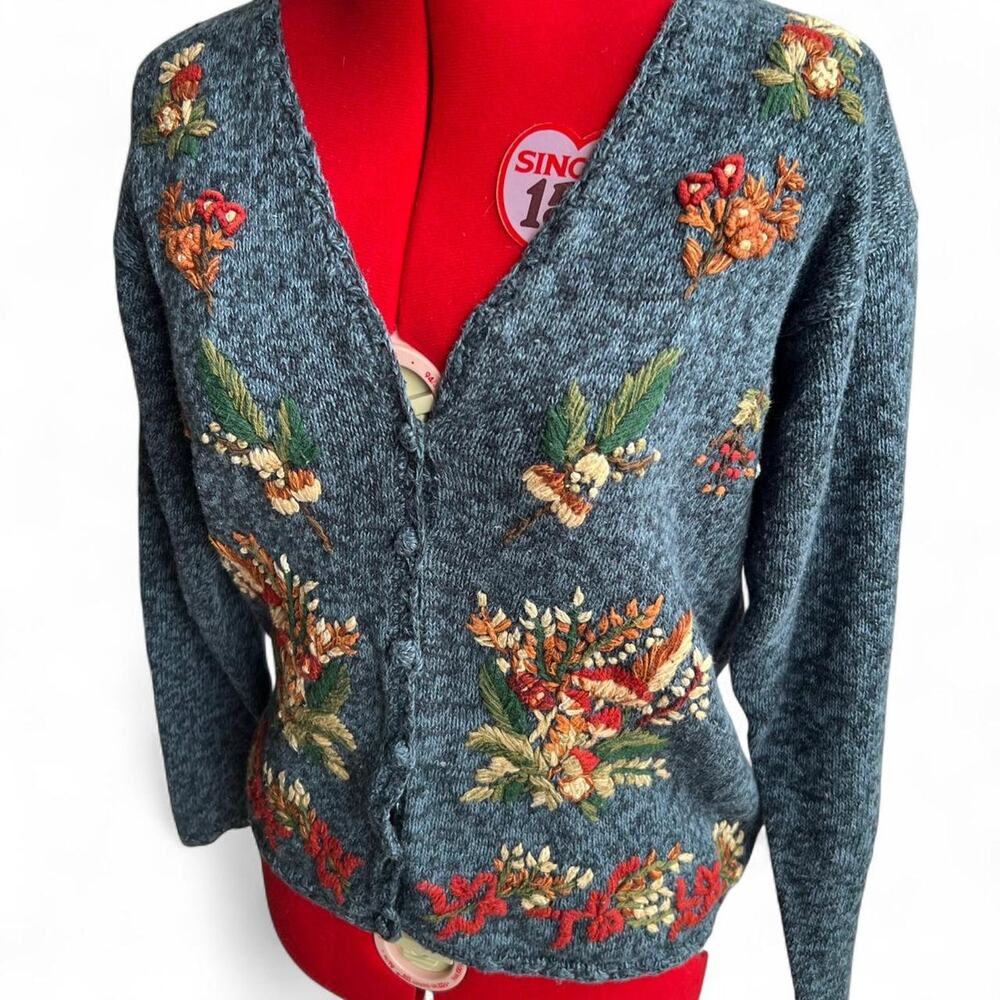 Vintage‎ 1997 Heirloom Collectibles Blue Cardigan Sweater Mushroom Embroidery - Picture 7 of 8
